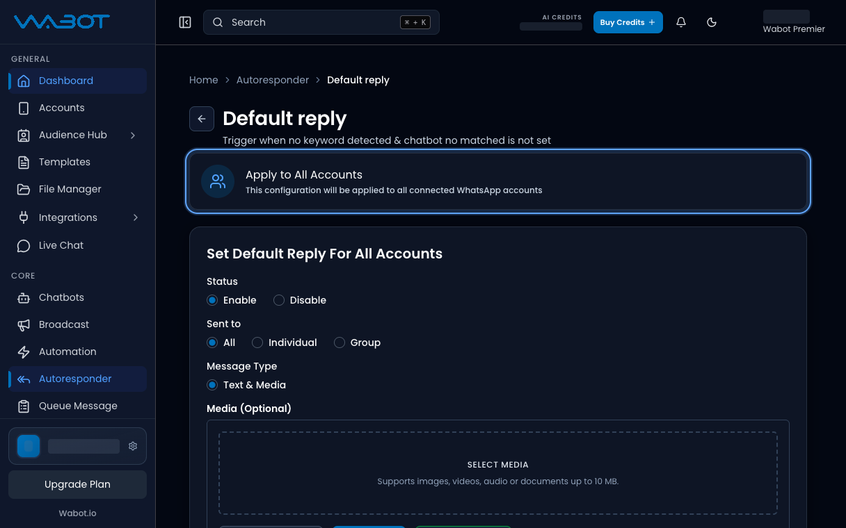 Apply to All Accounts page for setting one default reply on every account