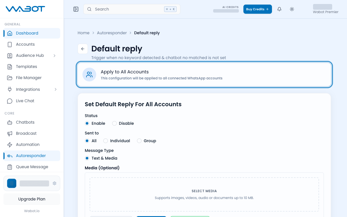 Apply to All Accounts page for setting one default reply on every account