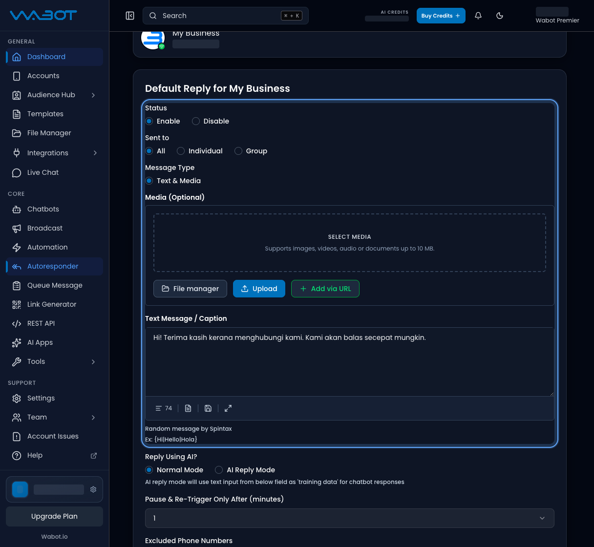 Default reply form with Status Enable and a greeting typed