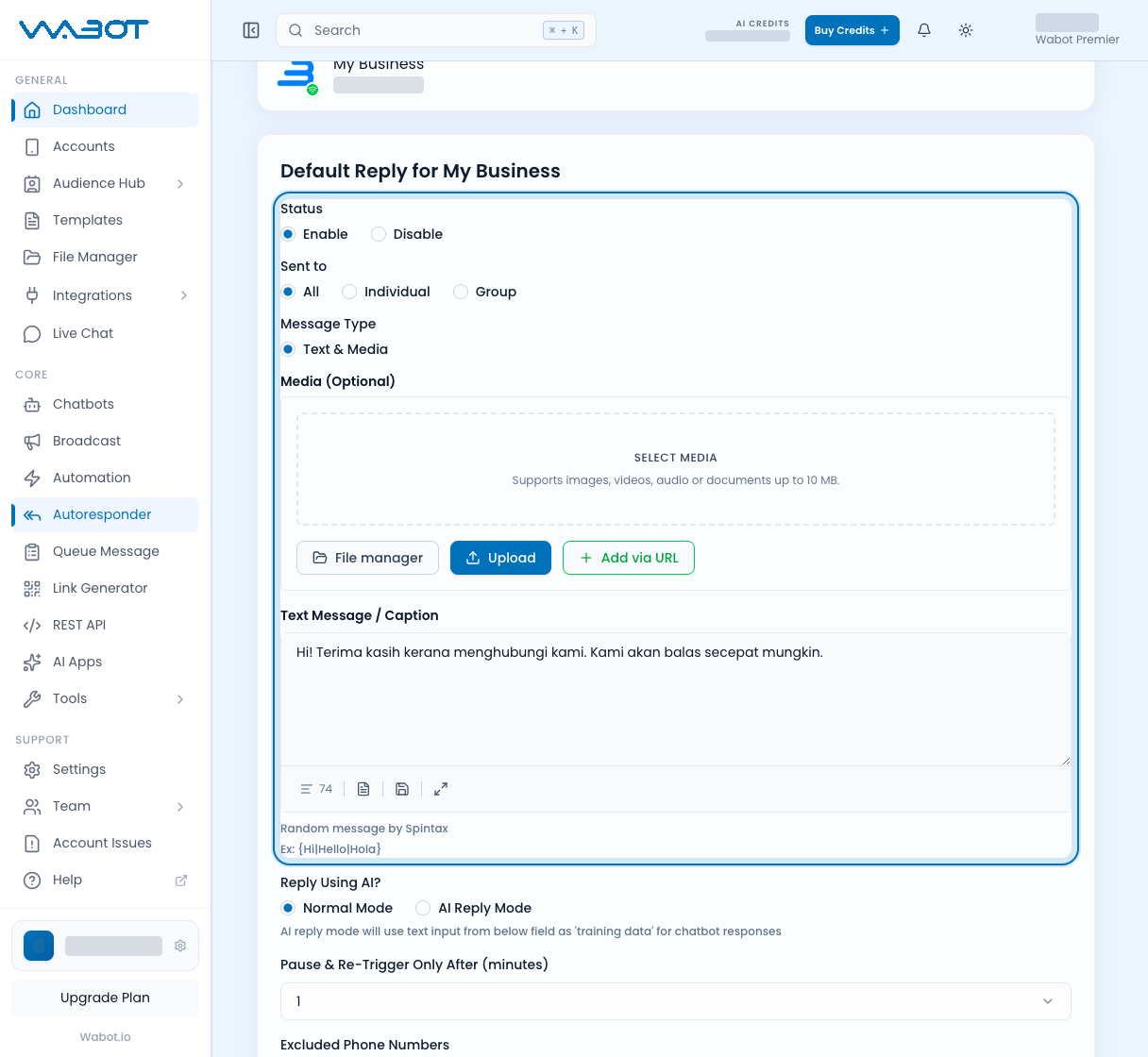 Default reply form with Status Enable and a greeting typed