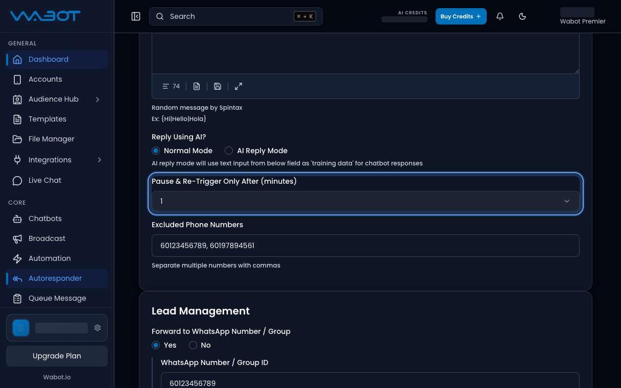 Pause and Re-Trigger Only After minutes dropdown highlighted