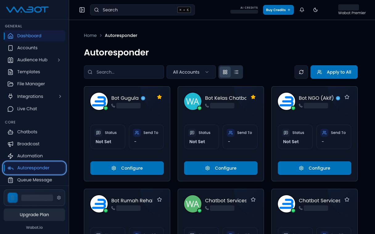 Autoresponder page with account cards and Autoresponder highlighted in the menu