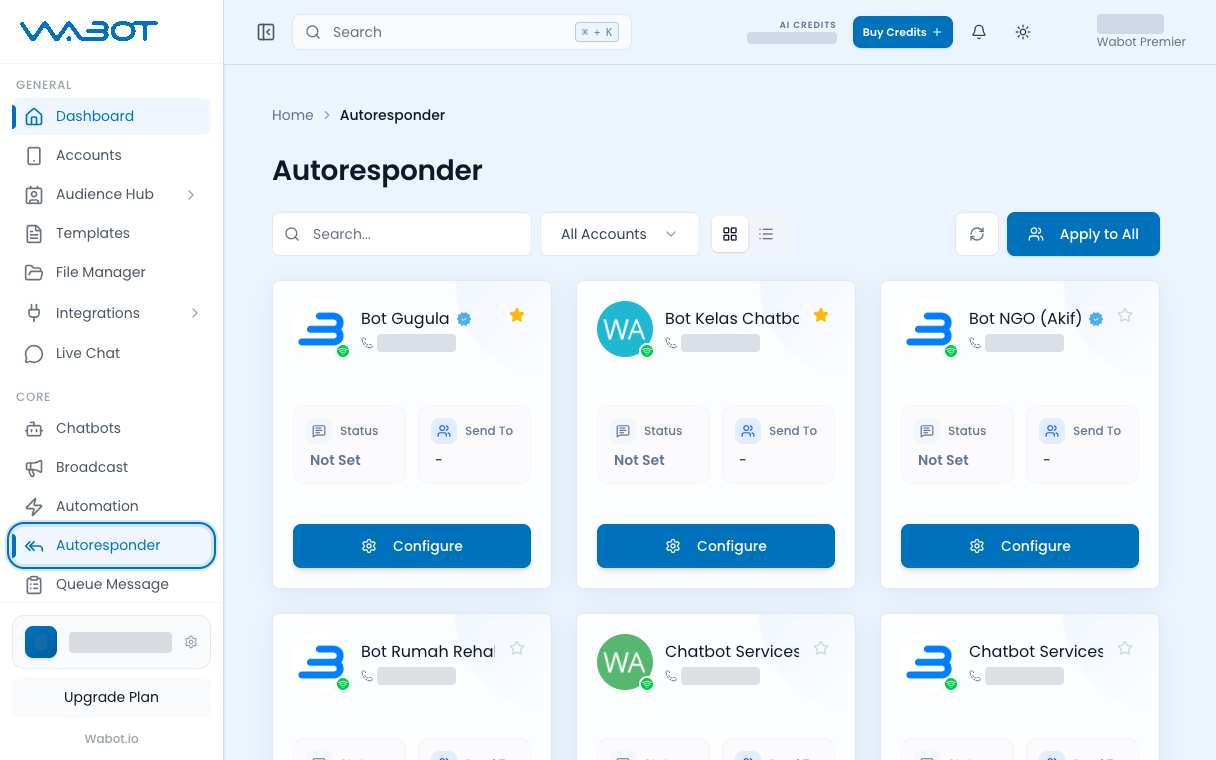 Autoresponder page with account cards and Autoresponder highlighted in the menu