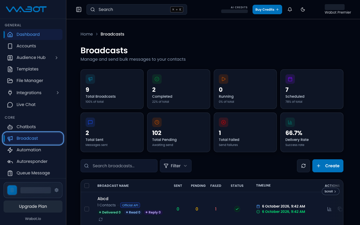 Broadcasts page with Broadcast highlighted in the left menu