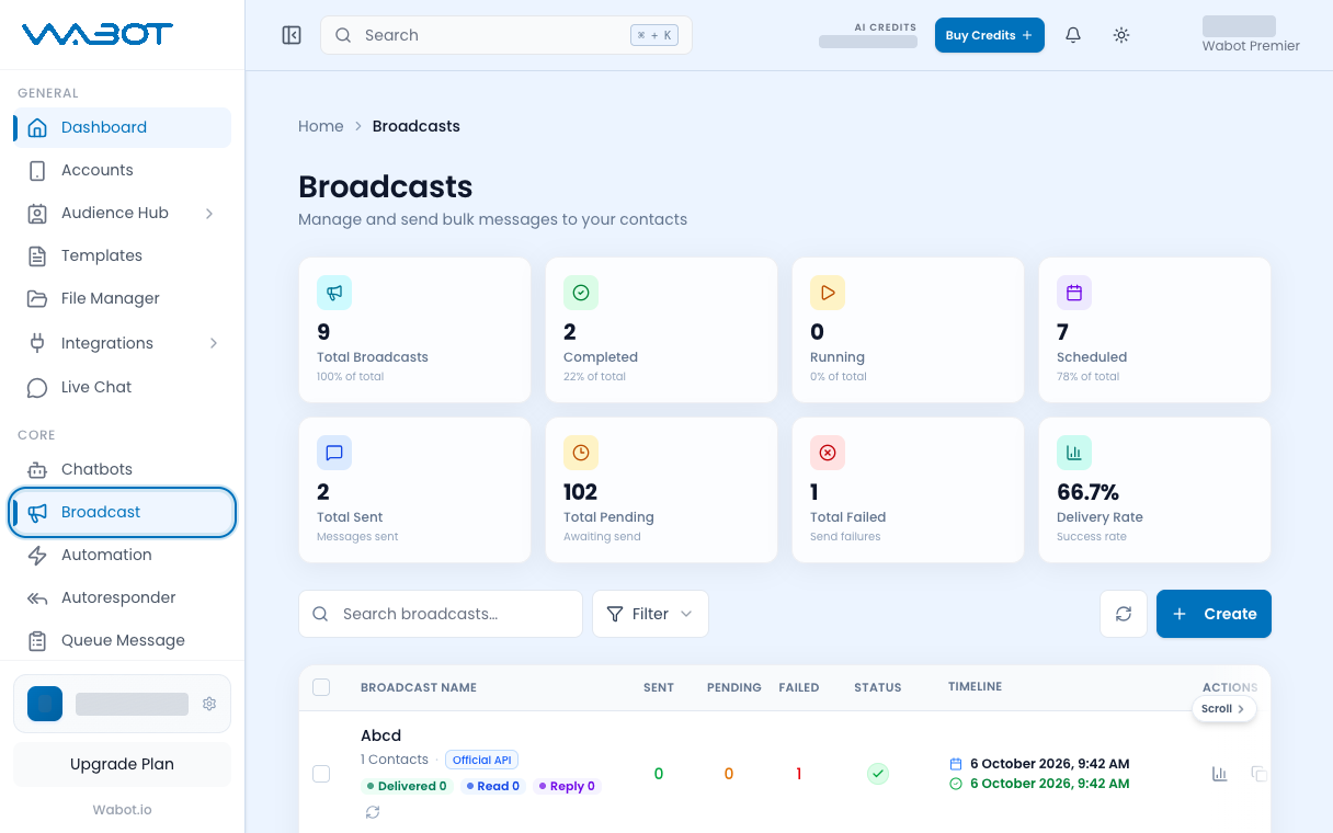Broadcasts page with Broadcast highlighted in the left menu