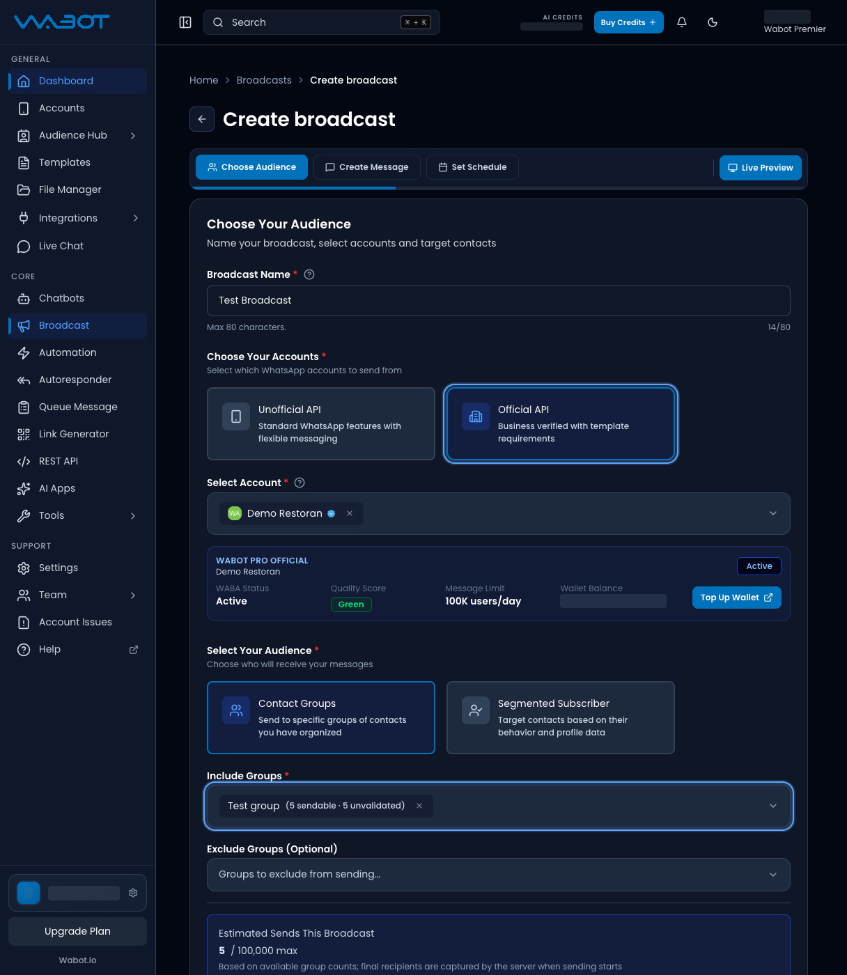 Choose Your Audience with Official API and Include Groups highlighted