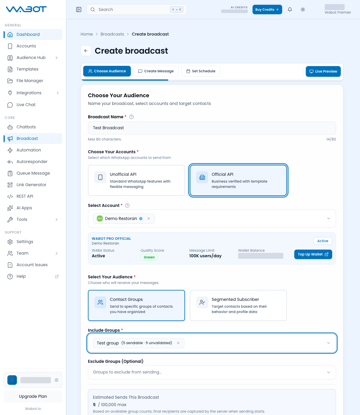 Choose Your Audience with Official API and Include Groups highlighted
