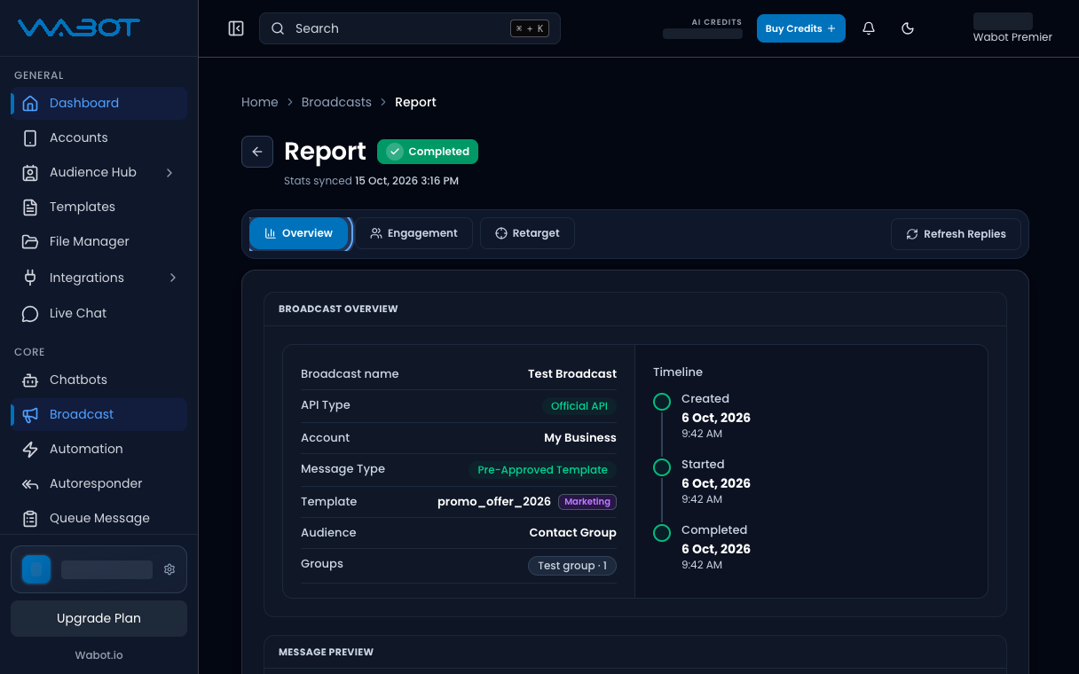 Broadcast Report Overview tab with campaign details