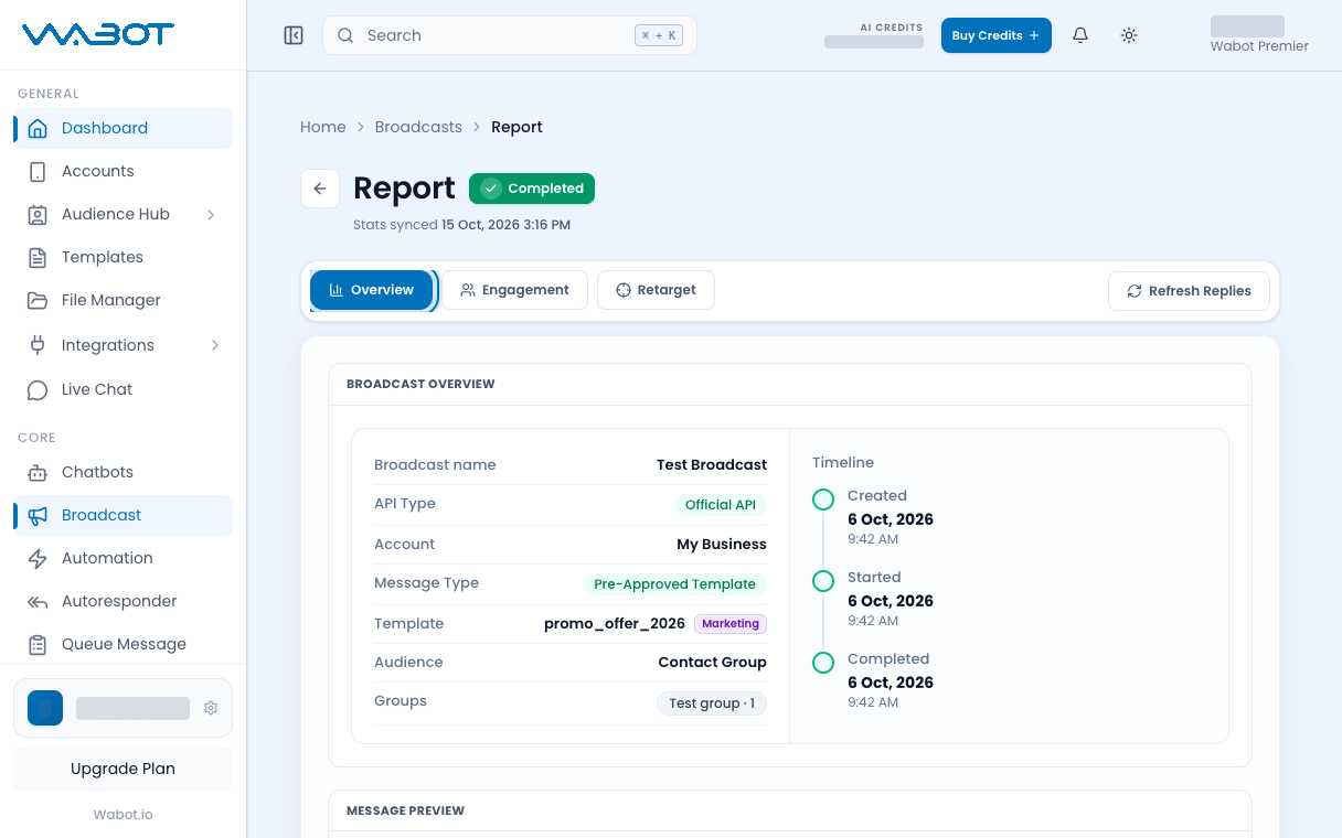 Broadcast Report Overview tab with campaign details