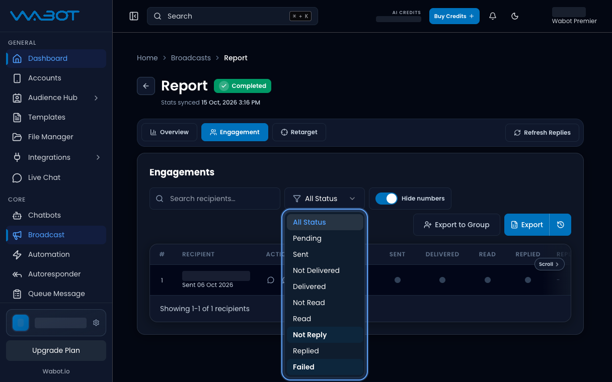 Engagement tab with the status filter open and Not Reply and Failed highlighted