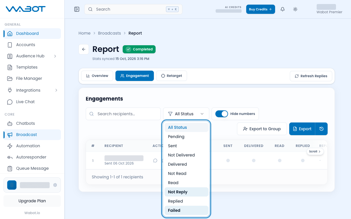 Engagement tab with the status filter open and Not Reply and Failed highlighted