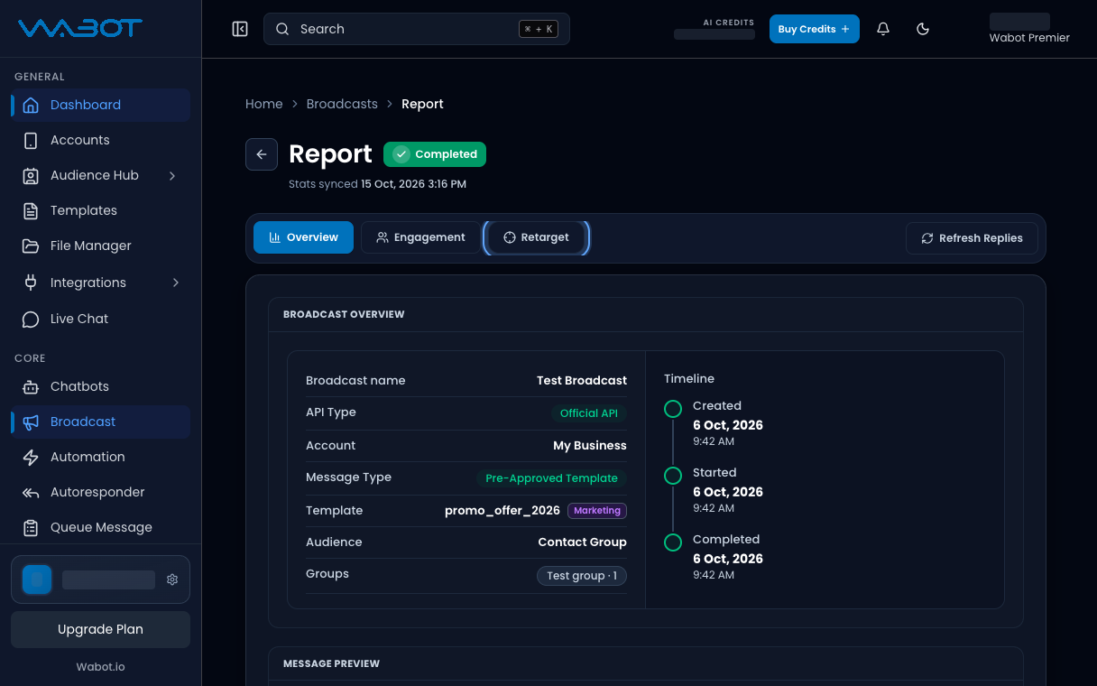 Broadcast Report with the Retarget tab highlighted