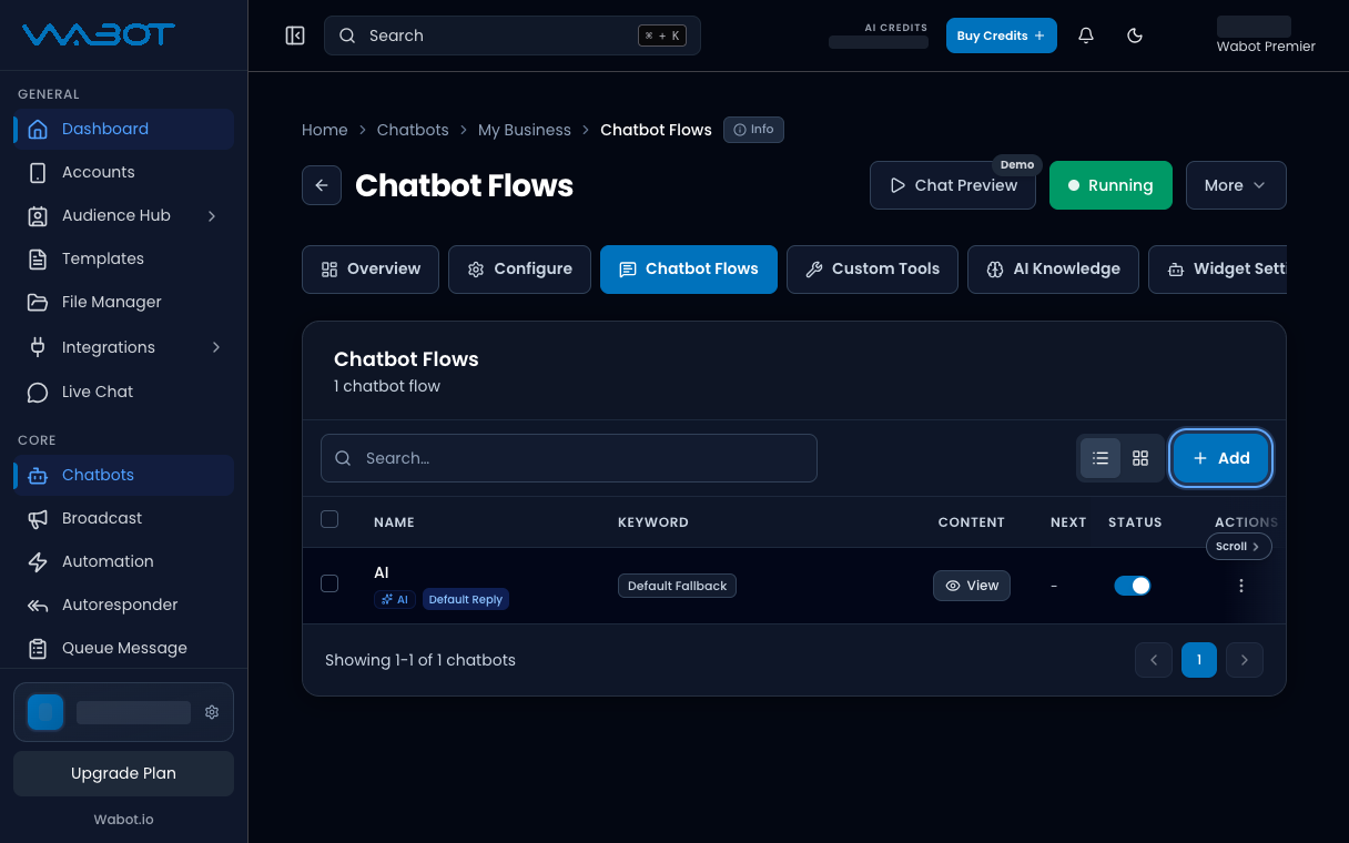 Chatbot Flows tab with the Add button highlighted