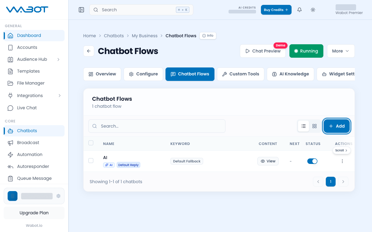 Chatbot Flows tab with the Add button highlighted