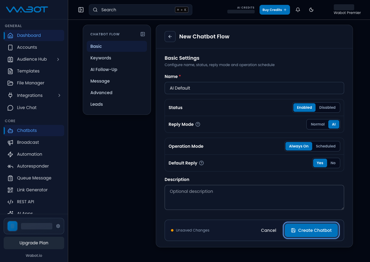 New Chatbot Flow form with the Create Chatbot button highlighted