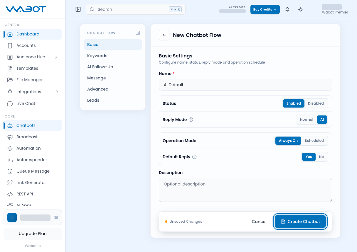 New Chatbot Flow form with the Create Chatbot button highlighted