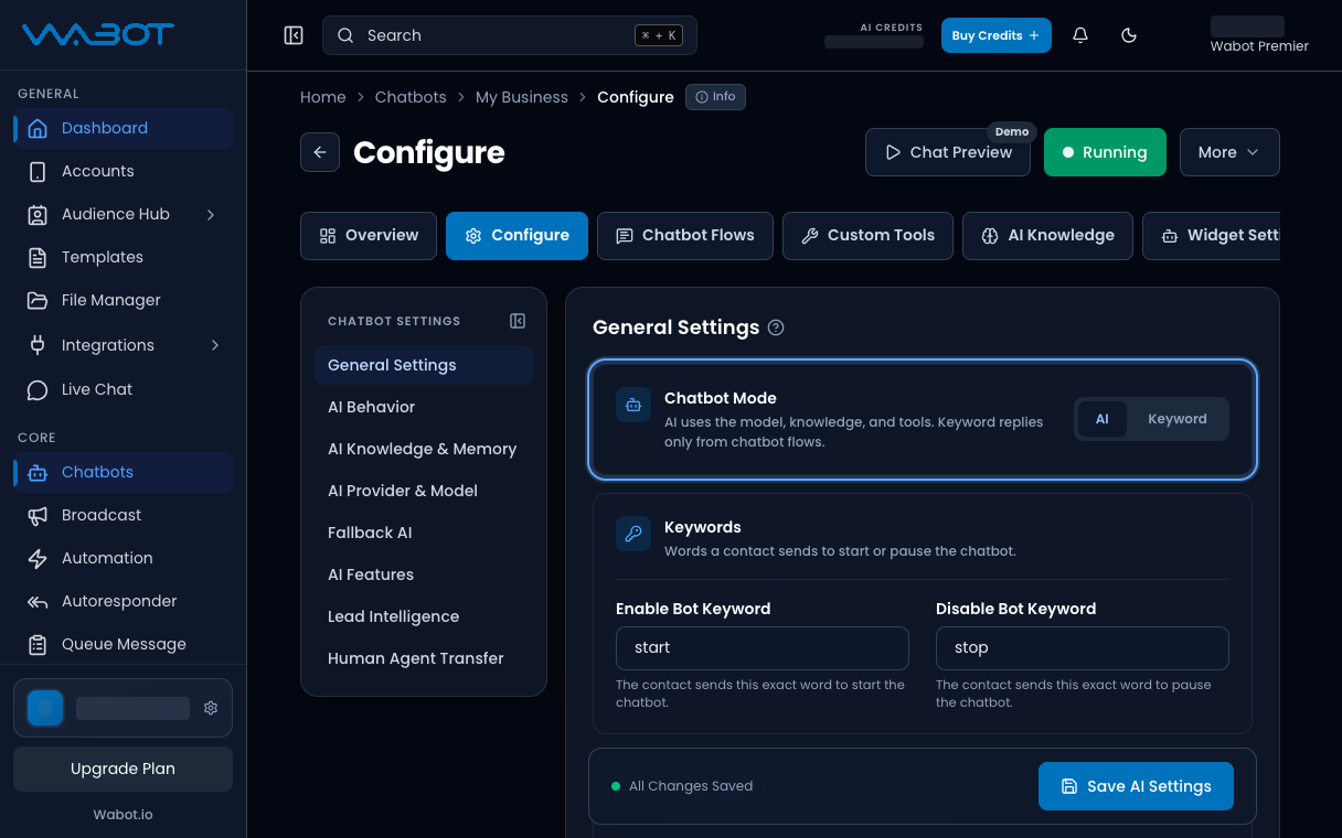 Chatbot Mode dengan AI dipilih