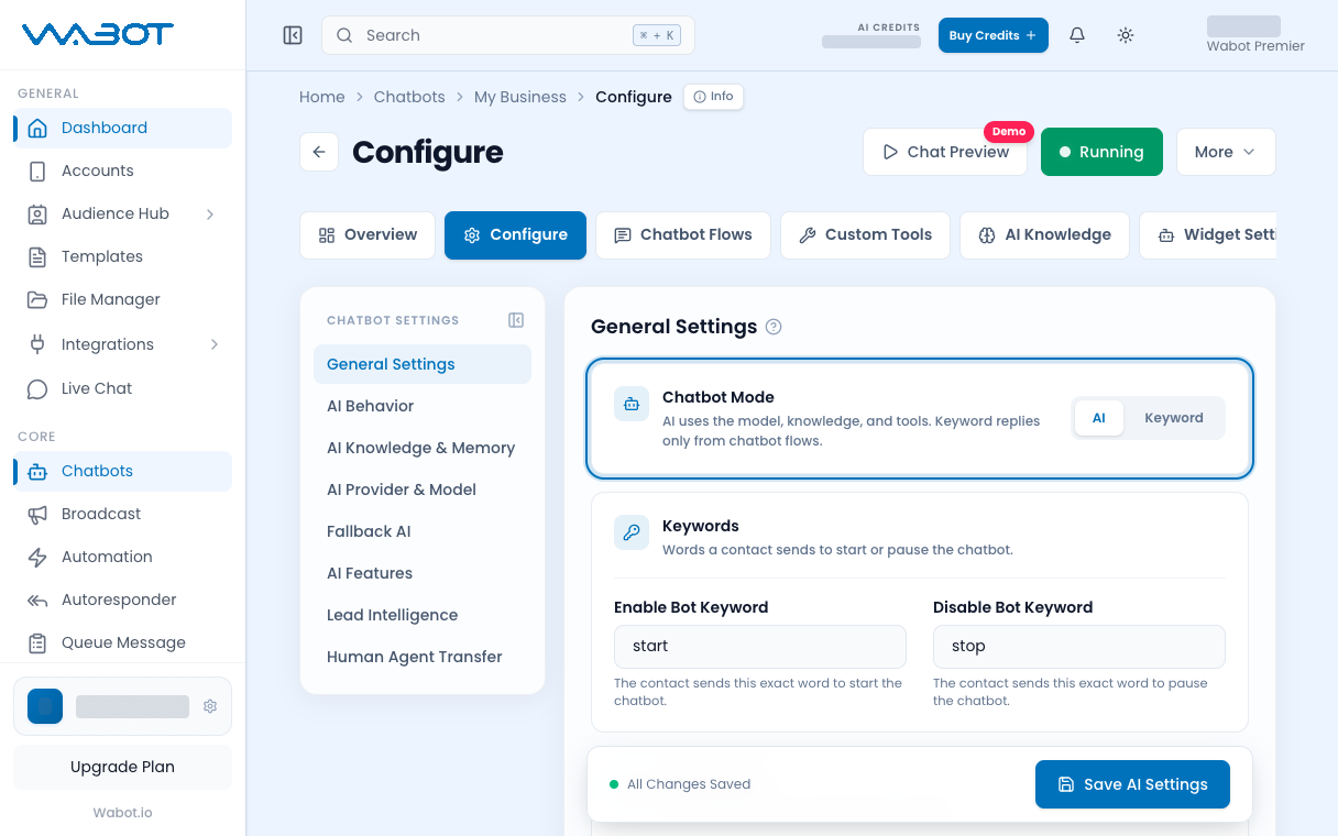 Chatbot Mode dengan AI dipilih