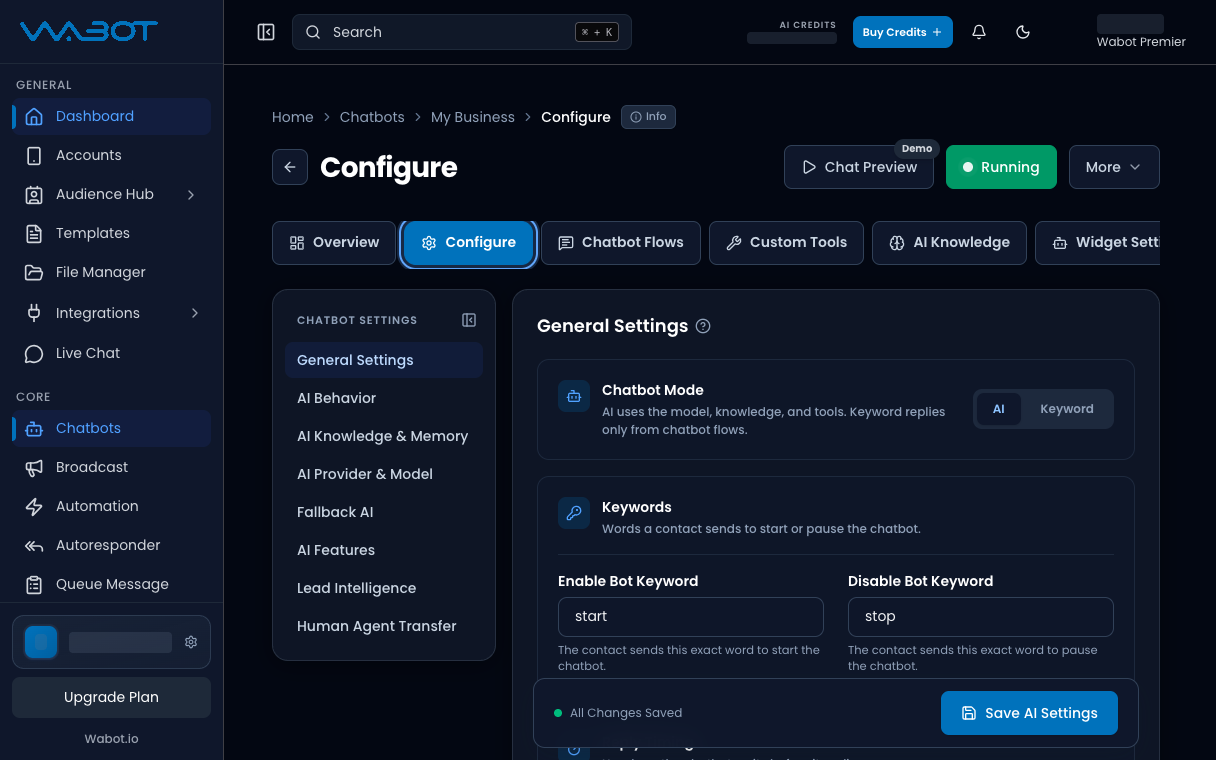 Configure tab highlighted on the chatbot page