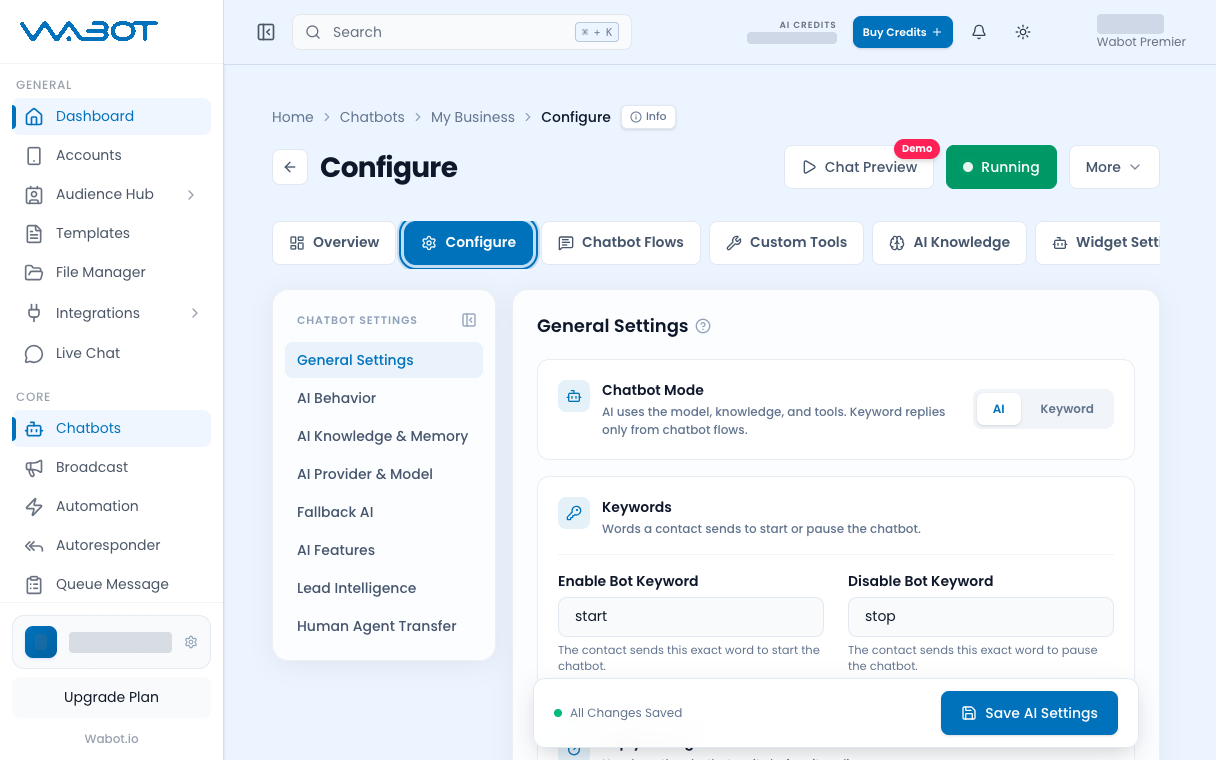 Configure tab highlighted on the chatbot page