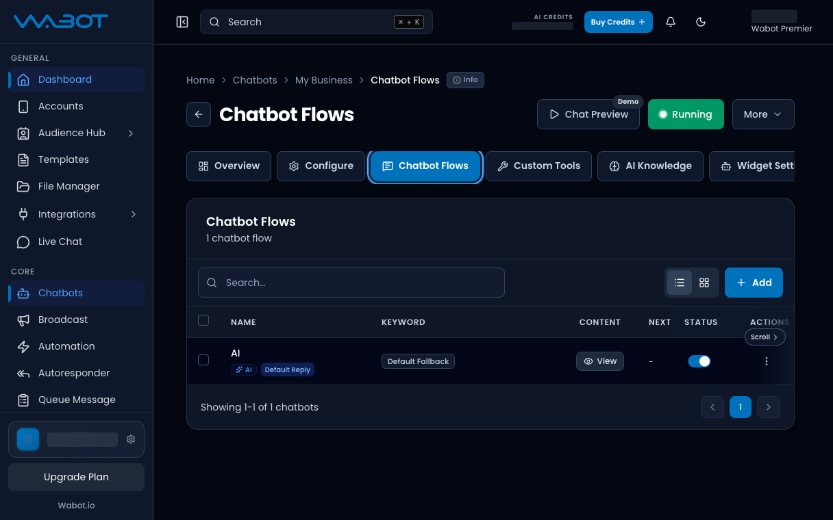 Chatbot Flows tab highlighted