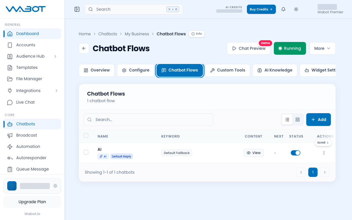 Chatbot Flows tab highlighted