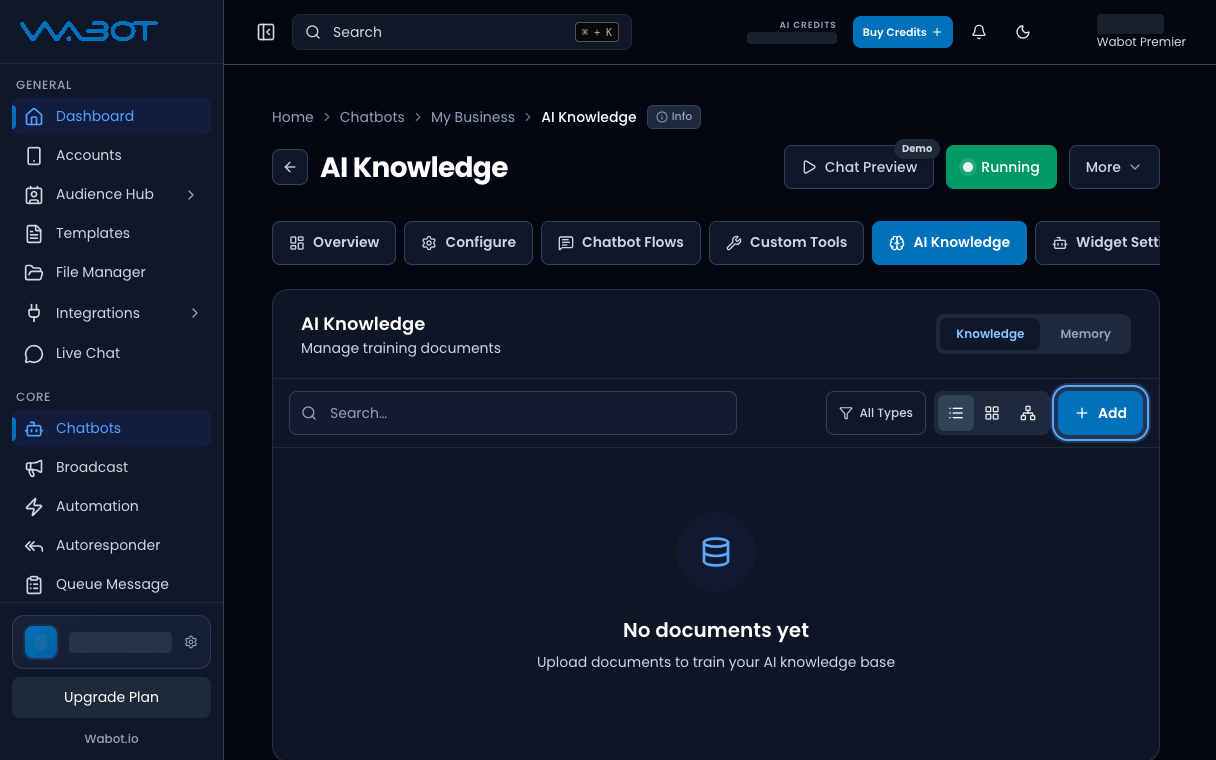 AI Knowledge tab with the Add button highlighted
