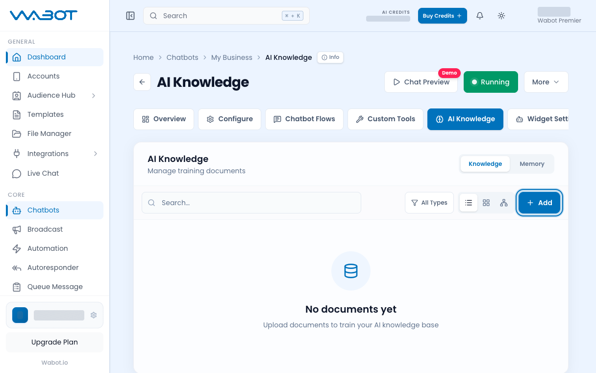 AI Knowledge tab with the Add button highlighted