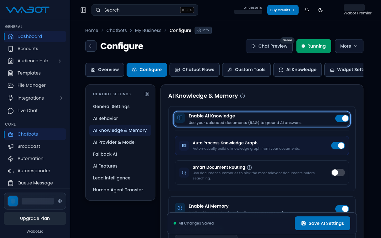 Enable AI Knowledge switch turned on