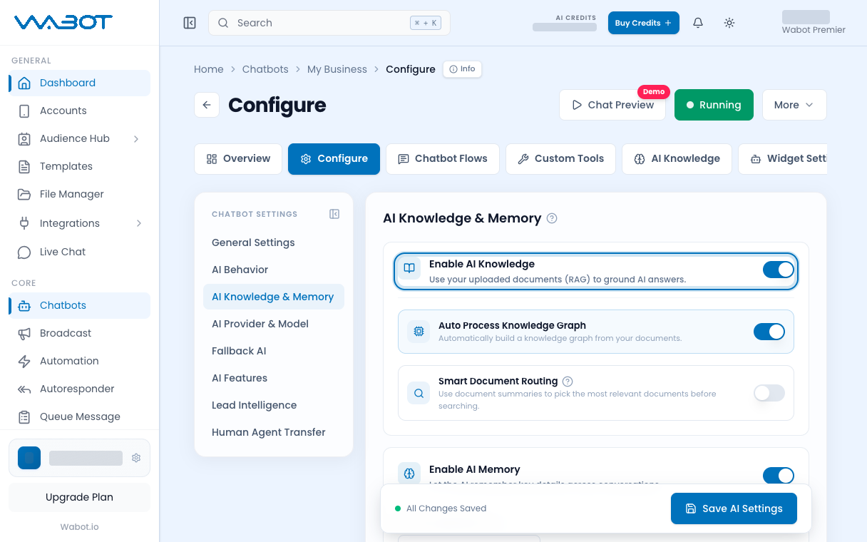 Enable AI Knowledge switch turned on