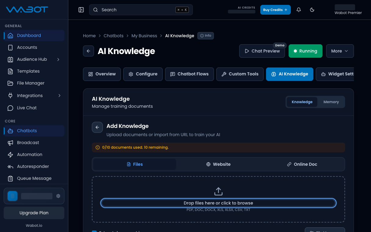 Add Knowledge Files upload area highlighted