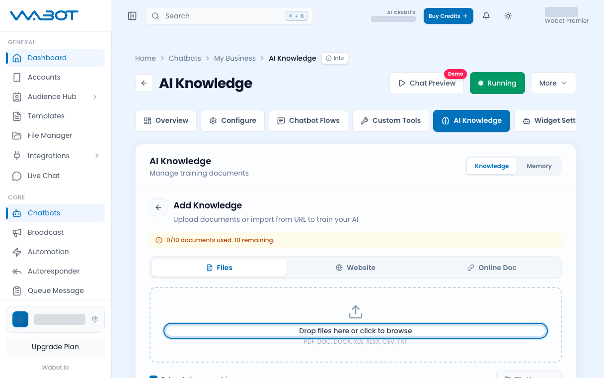 Add Knowledge Files upload area highlighted