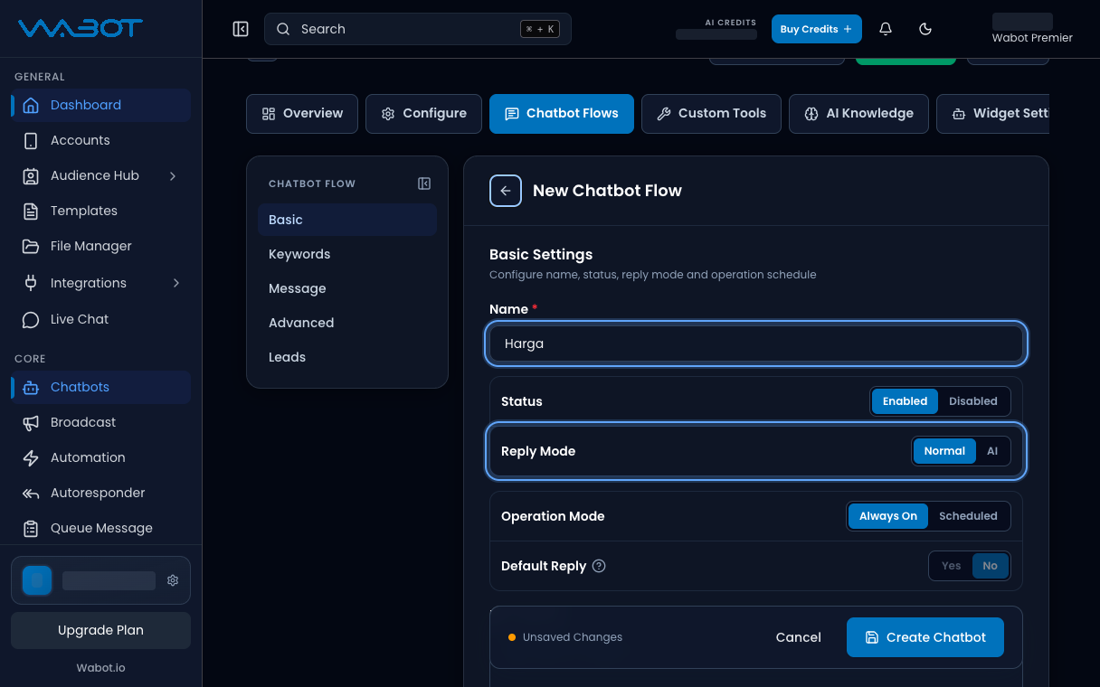 Name Harga and Reply Mode Normal highlighted