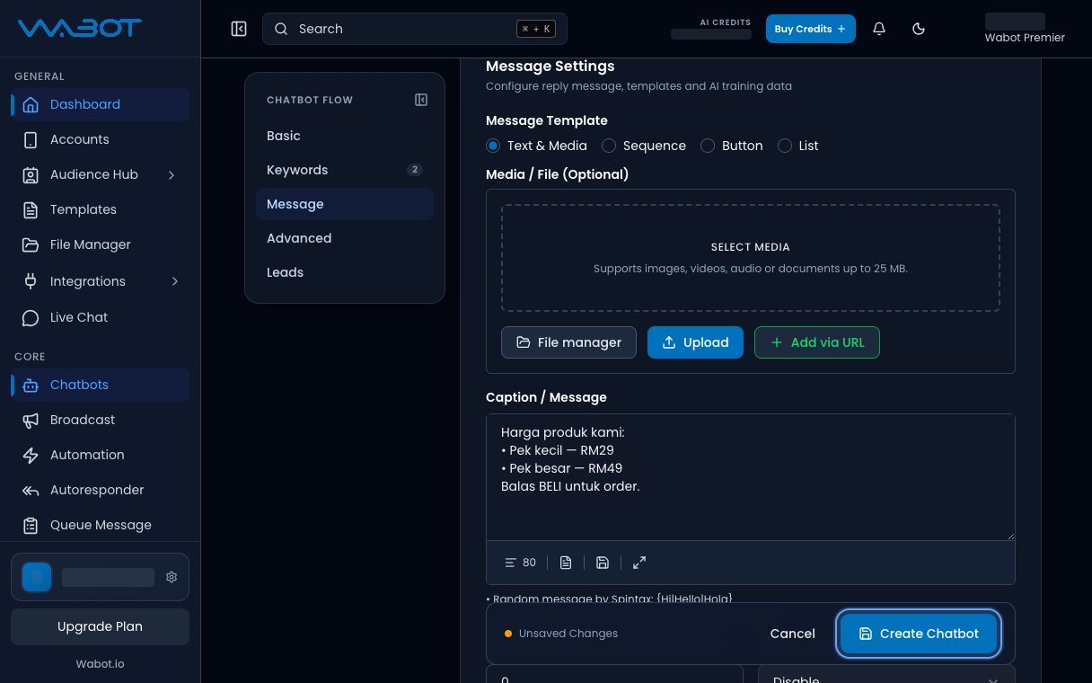 New Chatbot Flow form with the Create Chatbot button highlighted