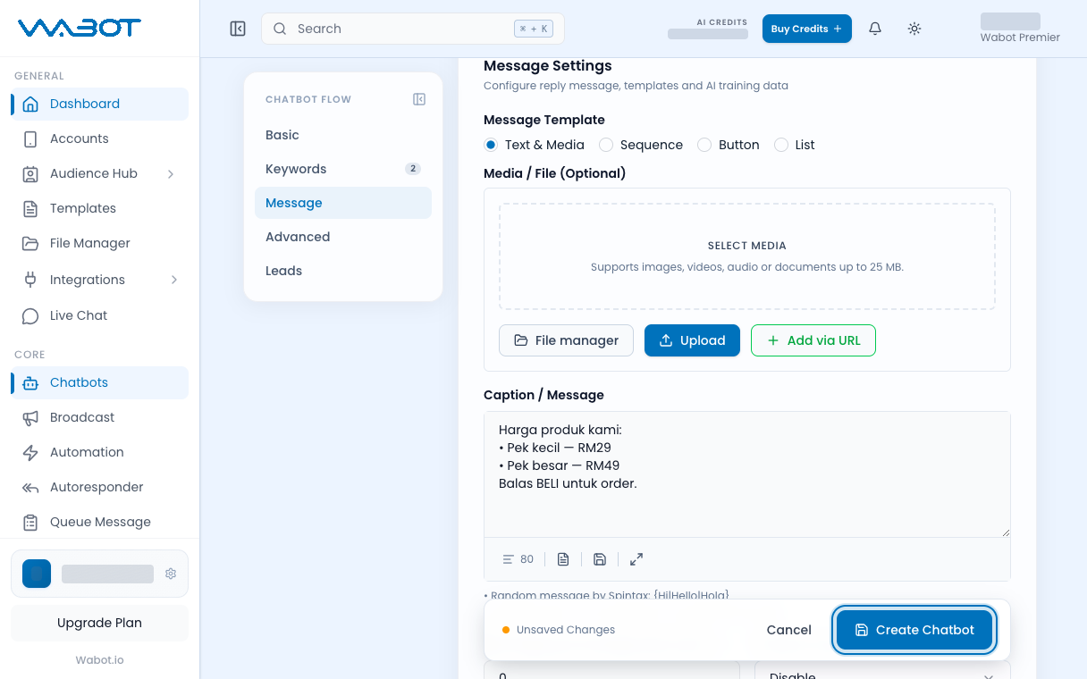 New Chatbot Flow form with the Create Chatbot button highlighted