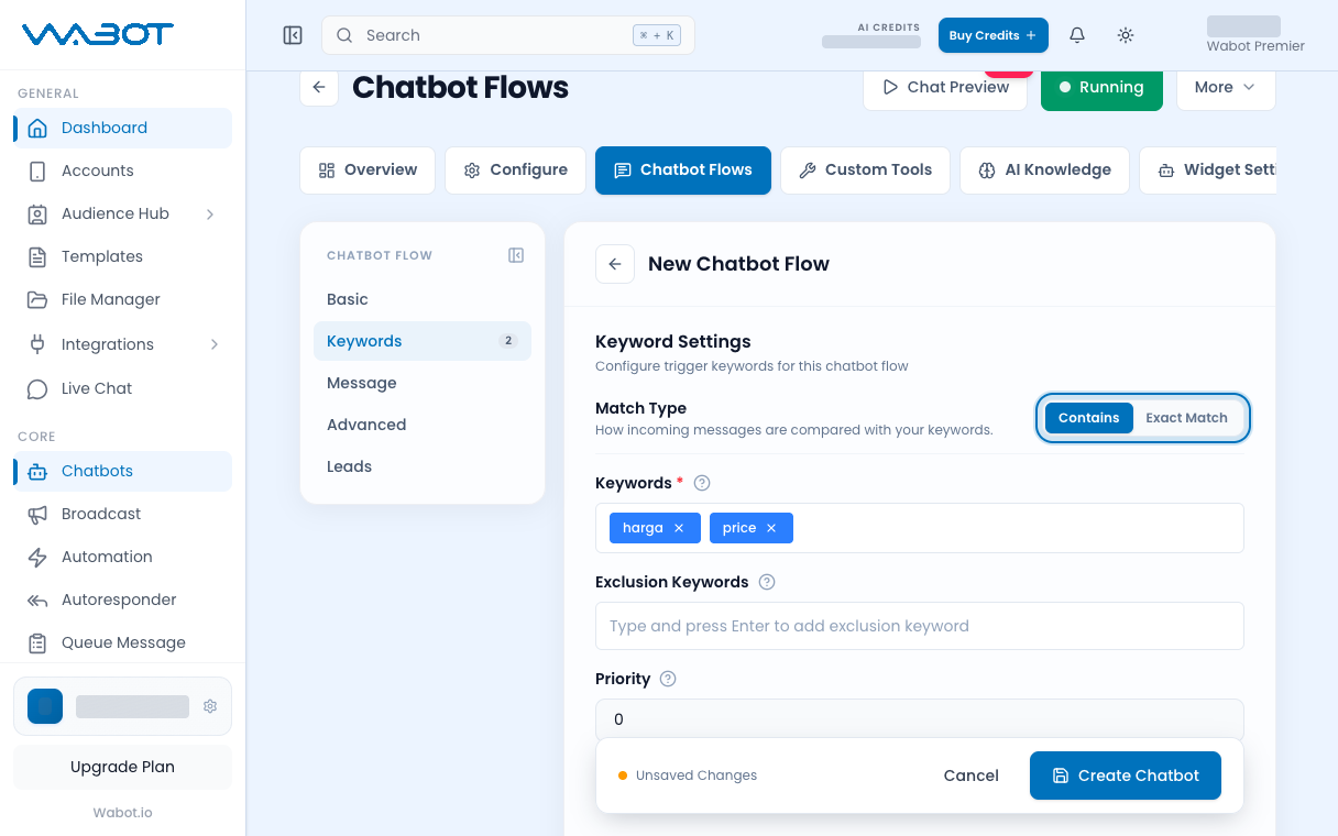 Keyword Settings with Match Type and keywords harga and price
