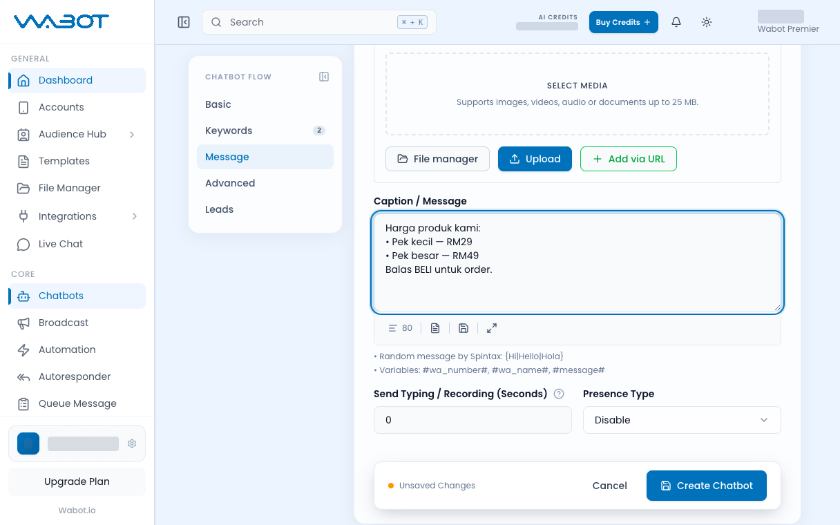 Caption / Message with a sample price reply