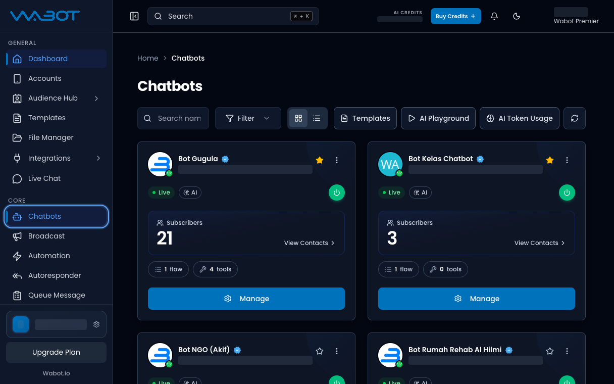 Chatbots page with Chatbots highlighted in the menu