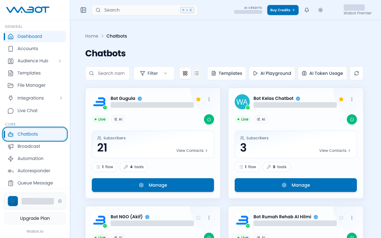 Chatbots page with Chatbots highlighted in the menu