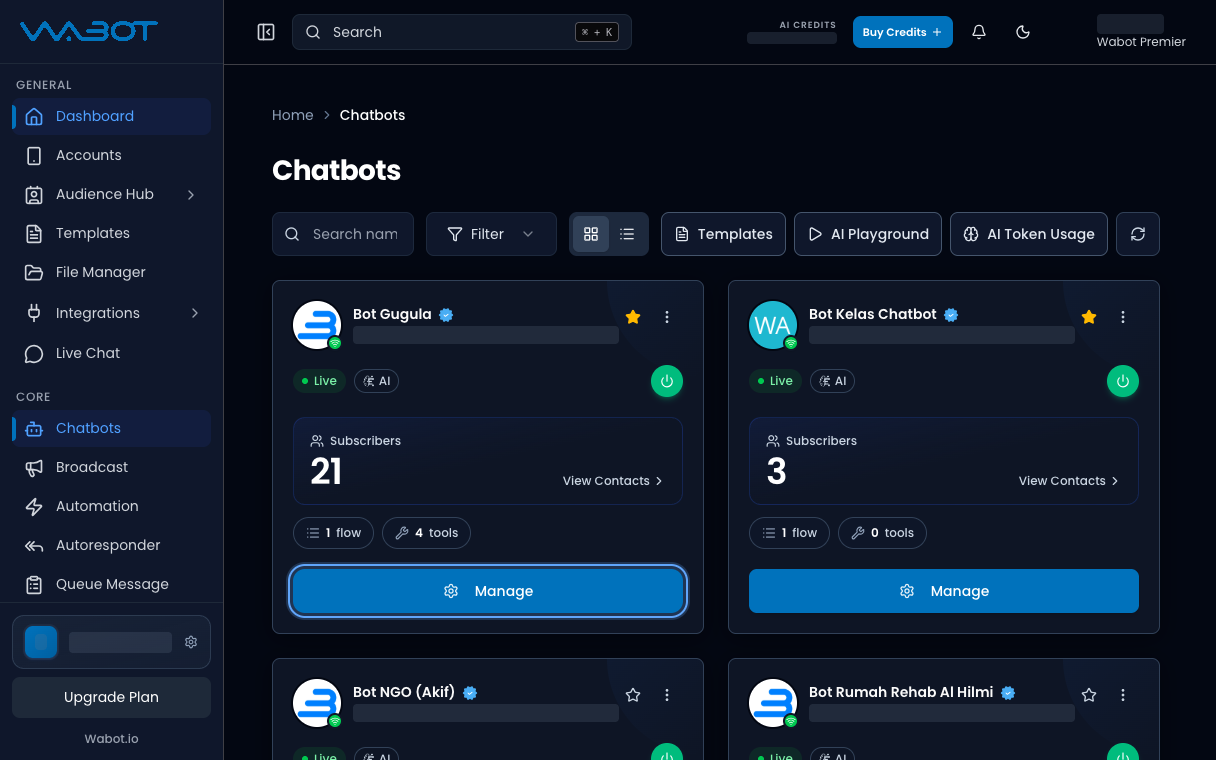 Chatbots page with Manage highlighted on an account card