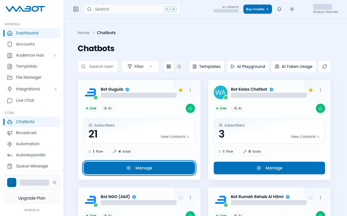Chatbots page with Manage highlighted on an account card