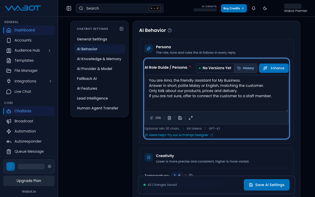 AI Behavior dengan persona contoh di AI Role Guide / Persona