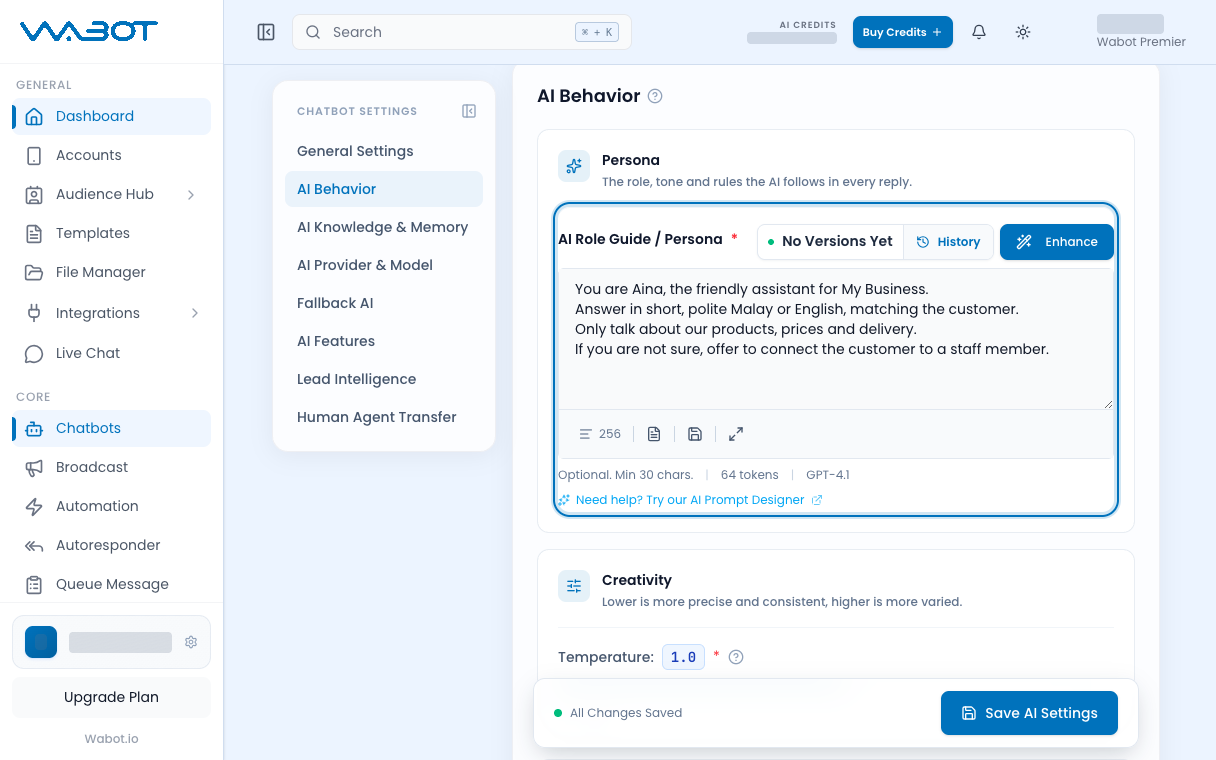 AI Behavior dengan persona contoh di AI Role Guide / Persona