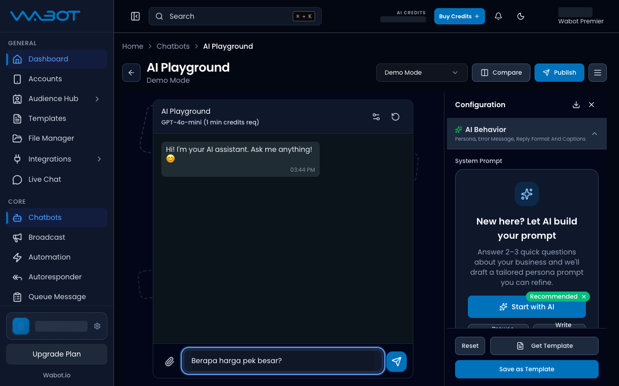 AI Playground with a test question typed