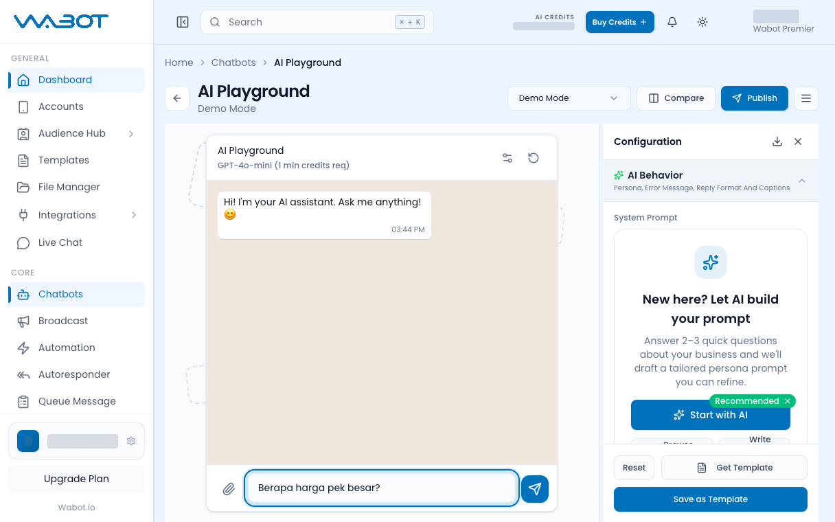 AI Playground with a test question typed