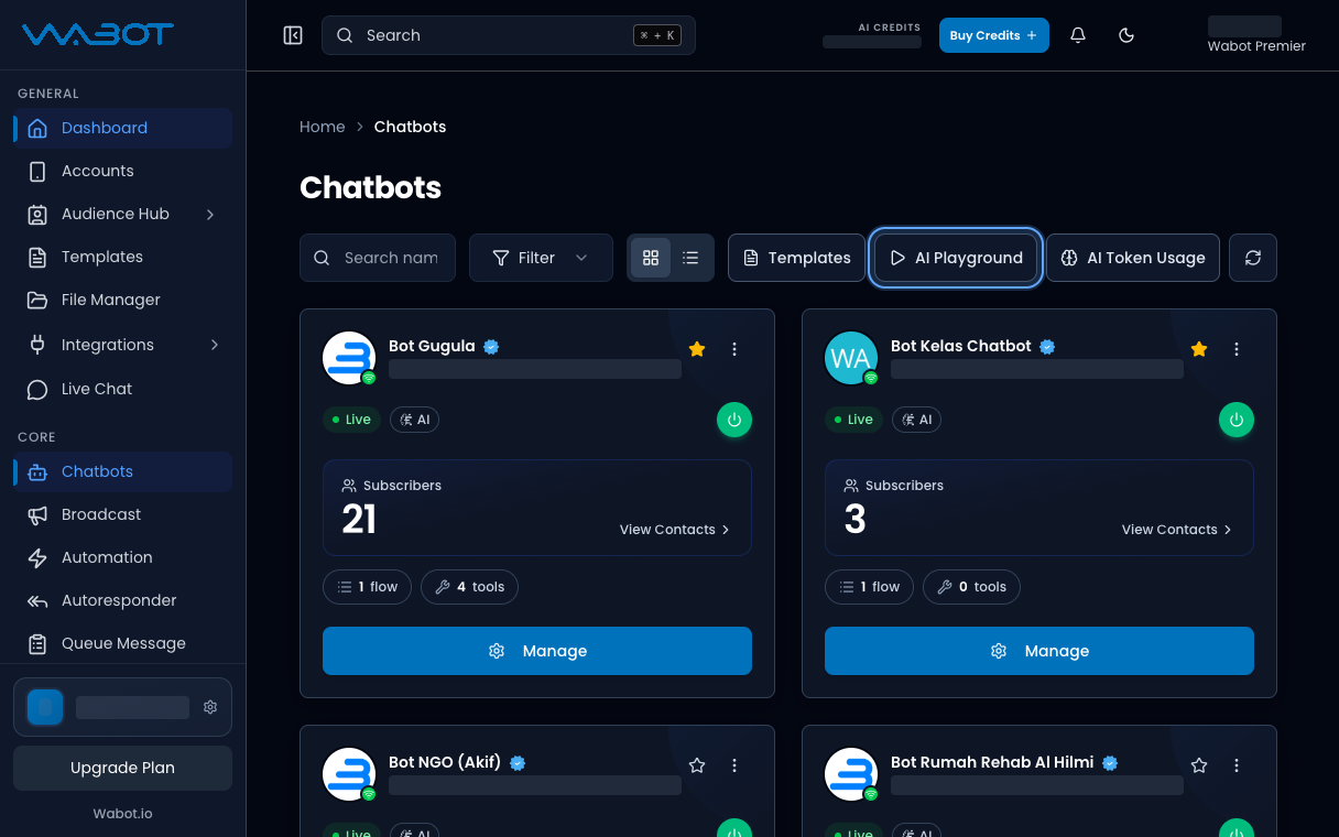 Chatbots page with AI Playground highlighted
