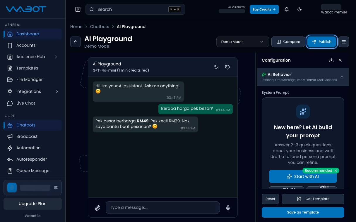 Publish button highlighted in AI Playground