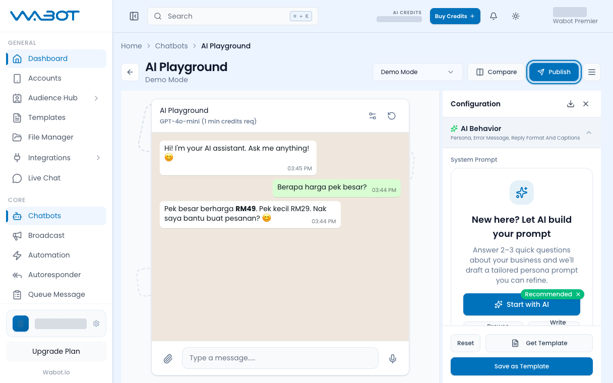 Publish button highlighted in AI Playground