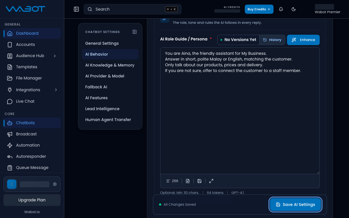 Butang Save AI Settings ditanda