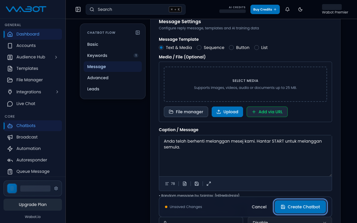 New Chatbot Flow form with the Create Chatbot button highlighted